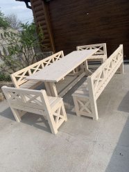 For sale wooden lining, wooden beads, a wooden table with benches to order with installation. The products are made of pine.